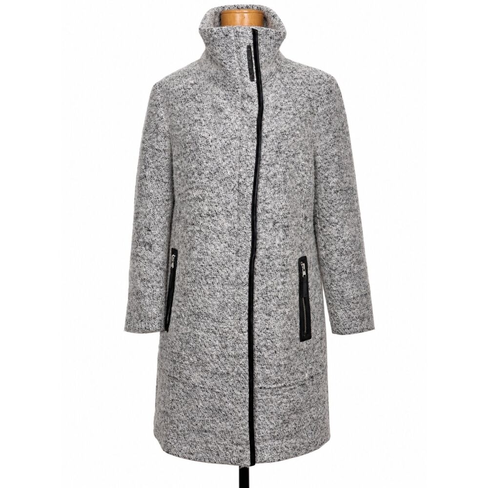Calvin Klein Heather Grey Bouclé Wool Blend Moto Walker Coat Large Funnel Neck